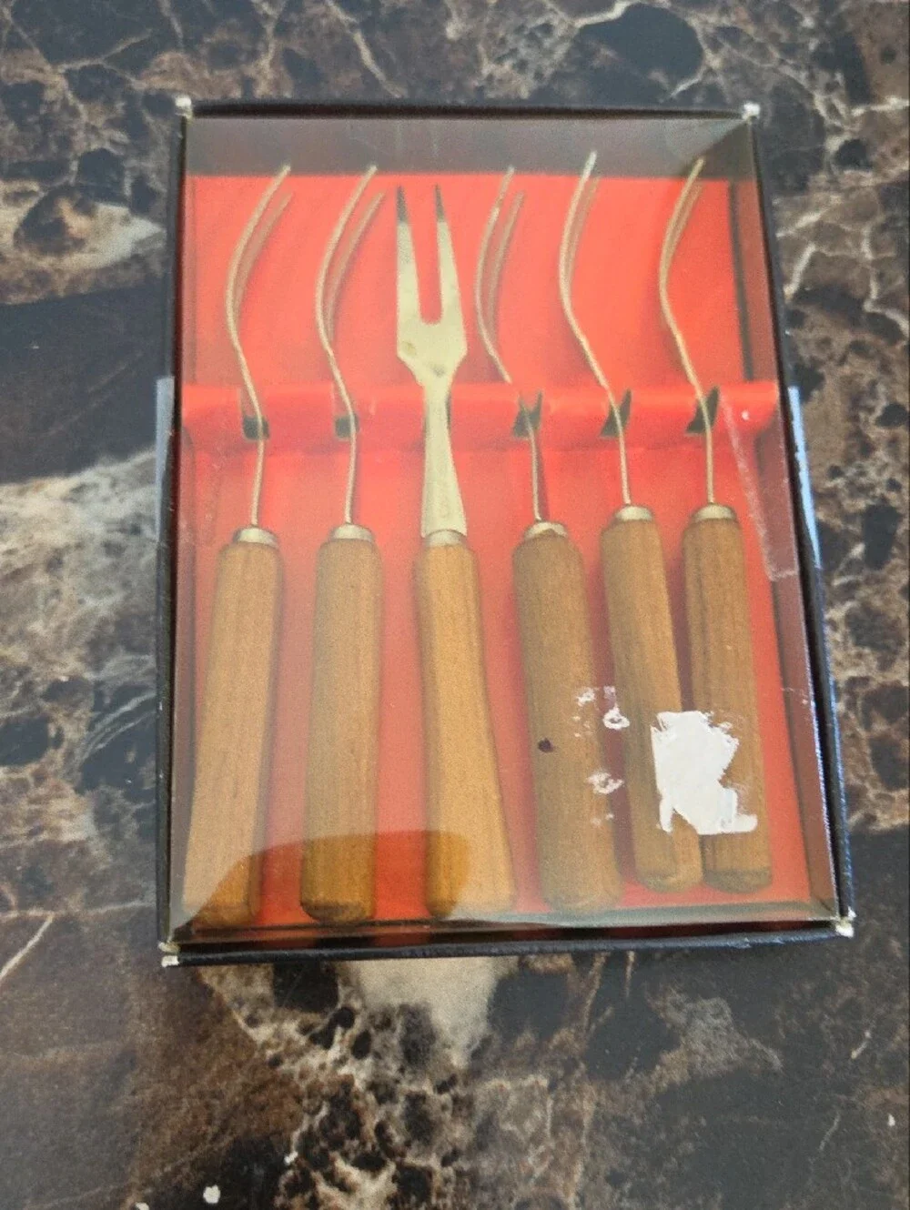 ​Vintage MCM Teak Wood Cocktail Appetizer Forks Set of 6 Stainless Japan Boxed